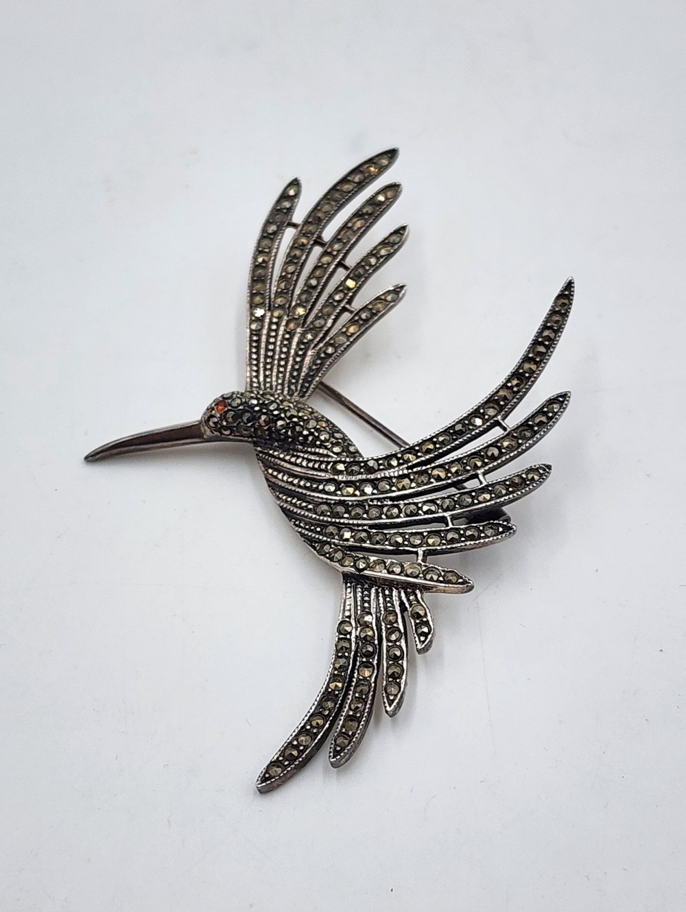 Vintage Sterling Silver 925 Marcasite Hummingbird Brooch